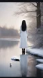 Placeholder: A girl with long black hair wearing a white dress. stands in front of Swan Lake surrounded by snow.cinematic