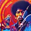 Placeholder: a realistic portrait of Jimi Hendrix at a turntable with headphones on being a DJ, vivid color