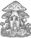 Placeholder: mushroom house ,beautiful forest, no cooler, line art, adult book pages