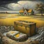 Placeholder: Surrealism in the style of Alex Alemany, a beach, an old open battered, dirty suit case sitting open near the water, inside the suitcase Kincaid landscape of a yellow farmhouse estate called Merrill House in Andover Maine, gate to a stormy valley in the middle of a meadow,Jean-Baptiste Monge style a surreal artwork that depicts a scene within a cracked open half-circular world. The edge of the circle is decorated with rocks and a tree that grows out of the sides..A group of elderly women walks a