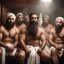 Placeholder: close up photography of a group of turkish and marocan 33 years old ugly chubby muscular men embraced, manly chest, covered with the towel at the hip, long beard, shaved hair, photorealistic, manly legs, manly arms, sitting in a steamy sauna, clouds of steam, side light