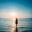 Placeholder: Exposure; A girls stands in the middle the sea. flat sky. water reaction movement. Landscape blurry.