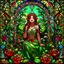 Placeholder: Stained Glass Art Nouveau art style A beautiful as a model asian woodland elf princess who looks like a young Lucy Liu seated on a throne surrounded by poppies and marijuana leaves in a mystical forest, photo-realistic