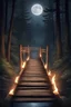Placeholder: A wooden bridge above a river in the forest at night with fire torches on each side,A wooden bridge in the forest at night with fire torches on each side,a wild forest ,The staircase stands unwavering, a symbol of strength and endurance. It provides a path towards solace and safety, guiding the child towards the distant moon. As they climb higher, their eyes fixated on that ethereal destination, they embody the undying spirit of resilience and the unwavering pursuit of a better future. A dark an