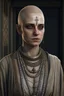 Placeholder: full length, gangly, 22-year old, shaved head, nordic looking grey-eyed female human cleric with a beaded necklace, bare face