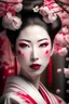 Placeholder: beautiful geisha with sensual eyes with a cherry blossom background