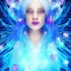 Placeholder: Face Angel crystalline,blond hair, blue eye ,pink , cosmic, opalescent, gemstones, crystals, other worldly,water,bright, ice background, snow lake blue