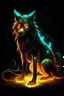 Placeholder: Super cool glowing a spiritual elemental canine with mencaing glowing eyes In a dark room. It sits alone staring deeply into the screen, it has a painted-anime style.