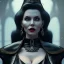 Placeholder: Teresa Orlowski as evil queen in black leather, busty, cleavage, angry, stern look. character design by cory loftis. unreal engine 5, artistic lighting, highly detailed, photorealistic, fantasy