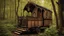 Placeholder: Gothic Two-story, wooden gipsy caravan on a pathway in dense woodland