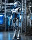 Placeholder: A full body photograph of a humanoid robot walking against a background that looks like the interior of a factory or laboratory. The robot has a beautiful face, white hair, and a body made of metallic chrome with complex mechanical details. The background features blue-lit pipes and metallic structures, with dramatic lighting highlighting the robot's intricate design.