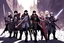Placeholder: [wii No More Heroes style] a group of mystic adventurer with medieval weapons in the street of a cryptic version of mega city one