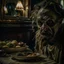 Placeholder: Strong texture, photorealism, Caravaggio, Arcimboldo. Intricate patterns, hypermaximalist. Photo made of inside house, an eerily mysterious, hidden and odd person is eating, a witchy house, sober style, pastel colors. Movie shot, spooky. Sinister scribbles, 33mm photography. Beasts