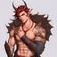 Placeholder: A Young Adult Male. A unique blend of Wood Elf and Red Tiefling features. His handsome face contrasts with the Yakuza dragon tattoos that completly cover his back, arms, and legs. He is wearing a torn coat, he also has earings. A physique that is strong and well-built, resembling a Fighter.