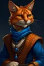 Placeholder: portrait of a Tabaxi female bard in D&D style, orange fur, blue eyes, feline facial features, stance conveying allure, intricate costume design, prohibition era dress,