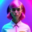 Placeholder: waitress teenager, rounded face, pink hair, flushed cheeks, striped shirt, neon ambient light, vibrant color, pop style, highly detailed, art stations, concept art, smooth, unreal engine 5, god rays, ray tracing, RTX, lumen lighting, ultra detail, volumetric lighting, 3d, finely drawn, high definition, high resolution, gradient background