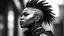 Placeholder: minimal profile of a female African cyberpunk wizard with a striking mohawk hairstyle and intricate shaved patterns on the side of their head, wearing a black and white horizontal thin striped shirt. The background is a blurred, high-contrast mix of black and white lines, suggesting motion and urban settings; overheat, dramatic, cinematic, sudden jolt dynamics, great parallels, great reflections, unsettling shadows, surreal futurist architecture art, surreal liminal space, tribal style,