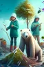 Placeholder: Una niña, un niño y un oso polar se unen a otros animales y personas para plantar árboles, limpiar la basura y usar energía renovable