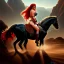 Placeholder: ultra detailed portrait of beautiful Red Sonja Riding a Black Horse and wearing a bikini plate armor, extremely detailed digital painting, in the style of Ken Kelly and A.J. Manzanedo ,mystical colors, rim light, beautiful lighting, 8 k, stunning scene, raytracing