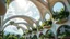 Placeholder: A series of arching, curved buildings with lush, hanging gardens integrated into their design. The buildings are made of a futuristic composite material that shimmers in the sunlight, with large, circular windows offering breathtaking views of the sky and greenery. Award-winning photograph, beautiful composition, exquisite detail and illumination