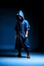 Placeholder: young human rogue in blue kimono clothing hood down full body