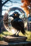 Placeholder: en stor krystallkule, og inni der en smilende zombie crow av tre foran 3d vrengt spesialeffekt plasma av et kastanjegjerde in the style of giger and fallout 4 ,,bokeh like f/0.8, tilt-shift lens 8k, high detail, smooth render, down-light, unreal engine