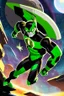 Placeholder: A new space creature from Ben 10 cartoon. Strong and graceful. Advanced metal. Magical power, precise detail and intense power Add "full body view" as a prefix. Use an aspect ratio (dimensions) that is mor vertical (3:4 vs 4:3), move the camera back ("extreme long range view"), move camera upward rather than being at hip height ("high angle view" or "eye-level view"). Describe her shoes or stance, as well as what you see over her head