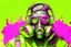Placeholder: draw gas masked scientist with headphones and goggles. put a diamond necklace on him and make the theme yellow and green, background pink