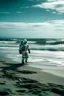 Placeholder: Astronaut entering the vast sea on a beach