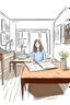 Placeholder: Draw a teenage girl at a big table far away studying living room front