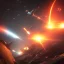 Placeholder: EXPLODING SPACESHIP, TWO SHIPS SHOOTING LASERS IN BATTLE, cinematic lighting, 4k, 8k, octane render, digital concept art, pinterest, extremely detailed, ambient lighting.