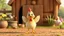 Placeholder: 3D render, Disney style animation, cute baby chicken dance on the farm