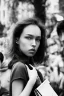 Placeholder: There's a crowd of people gathered in a Paris scenery between shops. They are viewed in black and white .They look emotionless. A close and personal photo of One beautiful woman who is in the middle of the crowd and she stands out from them, has striking eyes and long hair, looks up to the sky and smile. High detail, digital art. The shops in the background is painted with oil brush strokes