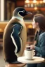 Placeholder: young woman talk to a penguin in coffee-shop