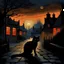 Placeholder: Old town at dusk with black cat painted in Grimshaw style