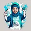 Placeholder: Vector t shirt art ready to print blue green light graffiti illustration of A hijab little girl Indonesia, hands up and a basecap with text "addie" On cap, white background.