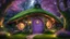 Placeholder: hobbit cottage in the woods surrounded by trees with fairy lights with a whimsical like feel, with pinks, blues, purple colors, circular hobbit-style door, fairy lights, circular hobbit-style windows, fairy lights, green grass roof, fairy lights, illustration