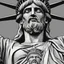 Placeholder: line toned, hedcut, wsj style, statue of Jesus of Liberty with a beard and wearing a cross and hanging from a cross, The statue male, hyperdetailed intricately detailed photoillustration ink drawing dystopian 8k resolution entire body of the statue is in the picture. digital illustration telephoto lens photography , same colors as the us treasury's one dollar bill, crucified"