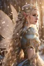 Placeholder: Elven princess,elven crown,long white blonde golden hair,rapunzel hair,ice flowers,beautiful,light blue,dark blue,golden armor,sparkle,glitter,ice flowers,snow,elven ears,dark fairy princess