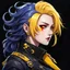 Placeholder: profile picture,side face,2dcg,anime art style,indigo and yellow color,wave hair ghoul biker lady,pure black color background,gore,violence,Decapitation,dismemberment,disturbing,Monster,guts,morbid,mutilation,sacrifice,butchery,meathooks,no hands,do not draw hands