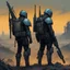 Placeholder: Two warriors in exoskeleton armor, one holding an electric rifle and the other with their back turned to them. The background is a post-apocalyptic wasteland, in the style of Zdzisław Beksiński.