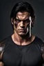 Placeholder: Portrait of a 35 year old muscular evil male with medium length dark hair. scarred face. scowling expression, wearing a tight fitting teeshirt