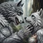 Placeholder: the anthropomorphic gray hairy body wolfman name Teo, holds between his paws the anthropomorphic pale hairy body wolfwoman's face , they look at each other lovingly, blur background, high detalied, realistic, sci-fi and fantasy mood