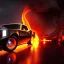 Placeholder: volumetric sweeping view of detailed phong shaded rendering of a car made of only molten lava, headlights, bumpers, whole car is lava