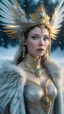 Placeholder: half body wide angle RAW photo, ice queen queen wearing luxurious and ornate gold clothing, fully covered, opals and floral embellishments, fractal wing texture, winter landscape in the background, beautiful face, high detailed skin, snow, ice, 8k uhd, dslr, soft lighting, high quality, film grain