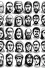 Placeholder: diferent medieval faces of diferent medieval people with diferent expressions, some dramatic, somo happy. the style is minimal black and white stamp. in the sheet there are more than 5. very diverse court memebers and everyday people. man, woman, kids. white background