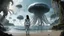 Placeholder: Detailed matte painting of a wide-angle shot of a woman, standing on the right side of an alien beach, with dark hair in a silver robotic catsuit, many large floating jellyfish with octopus tentacles, alien jungle trees in the distance