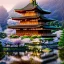 Placeholder: the most beautiful, stunning Japanese temple built into a mountainside, morning mist, cherryblosssoms, serene, peaceful, artwork, flickering lights, ornate, baroque, 8k, high-quality, fine-detail, intricate, digital painting, brian froud, howard lyon, selina french, anna dittmann, annie stokes, Greg Rutowski