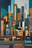 Placeholder: vibrant rich dark colors, Urban Geometry" - Create a minimalist painting that captures the clean lines and angles of a modern cityscape.