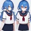 Placeholder: Clear focus, High resolution, rough line sketch art, cute, cartoon, medium blue hair, hair between eyes, fluffy hair, red eyes, wearing a sailor uniform, barely revealing